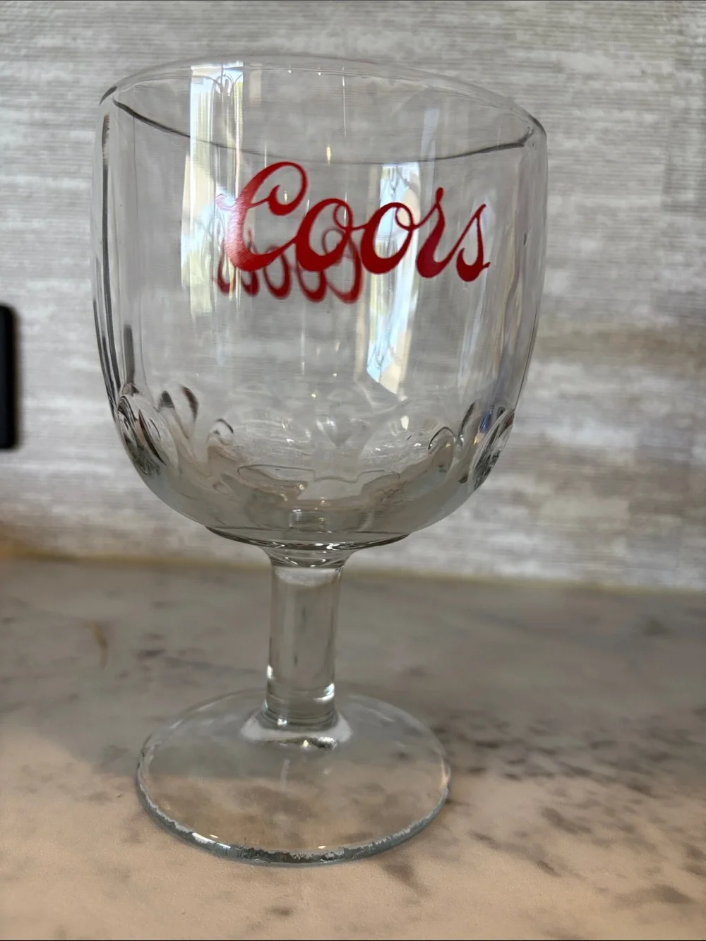 vintage heavy glass Coors schooner goblet featuring a prominent red script logo